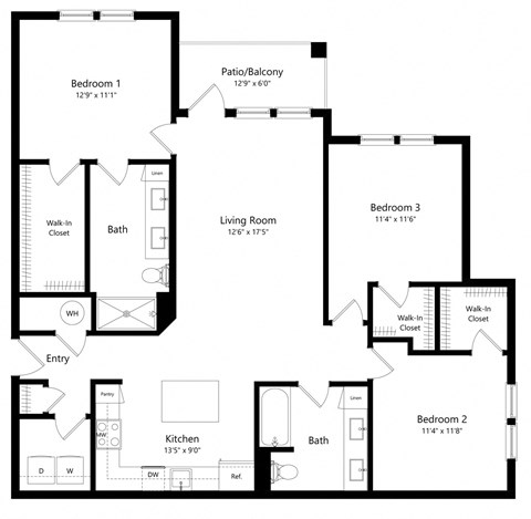 Floor plan for 3 beds, 2 baths, 1433 sqft